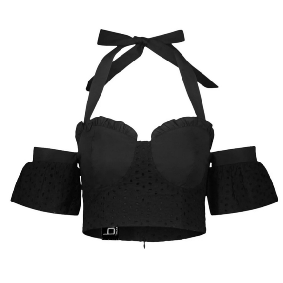 Black Eyelet Cold Shoulder Halter Crop Top - Picture 3 of 3